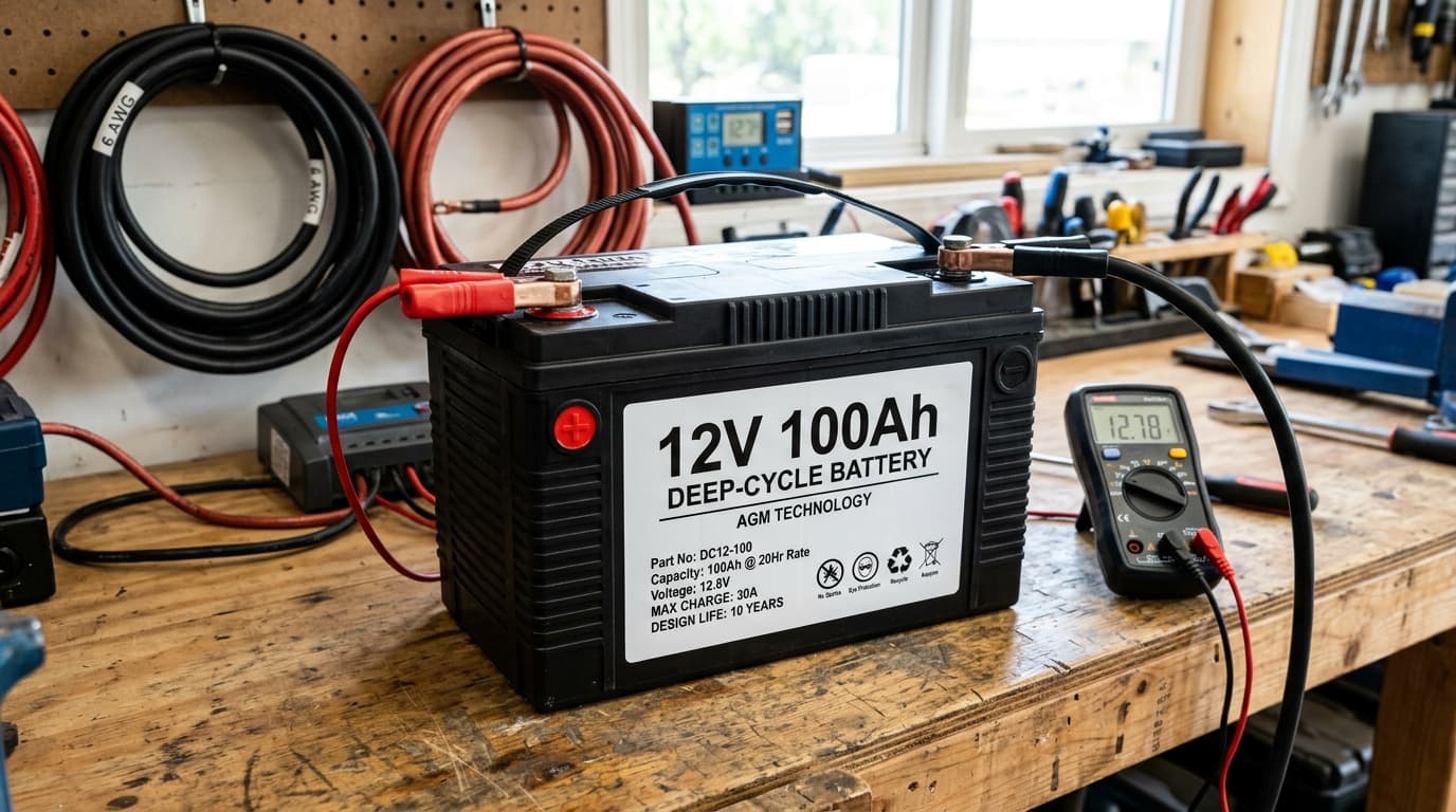 12V 100Ah deep cycle battery on a workshop bench with multimeter test leads