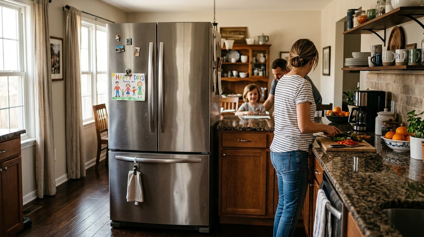 Modern residential kitchen with a stainless steel French door refrigerator and granite countertops