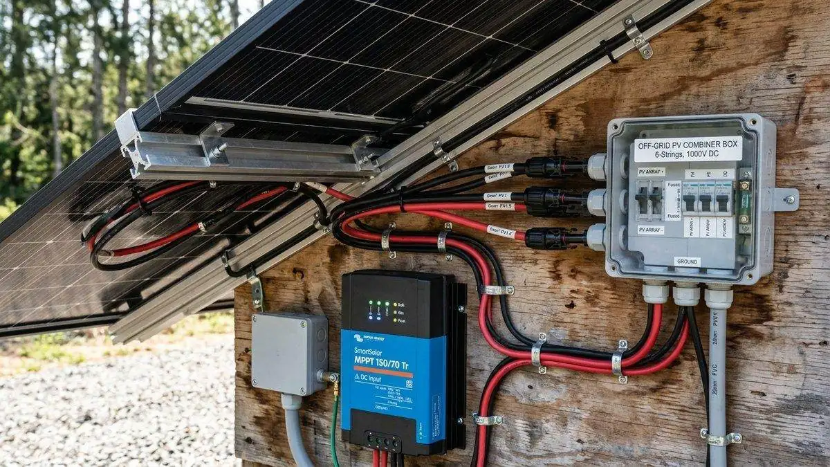 Solar panel array wiring showing series and parallel connections to an MPPT charge controller.