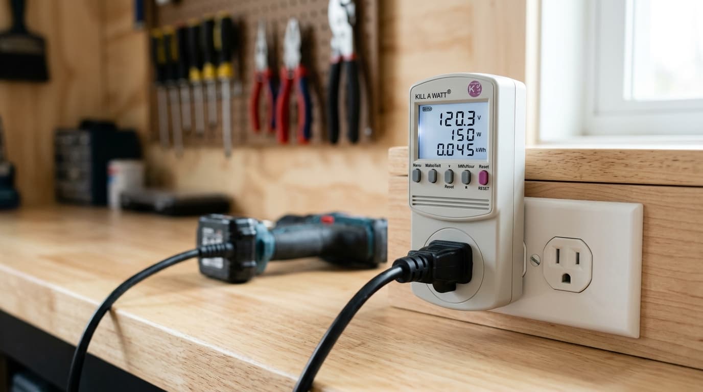 Plug-in digital watt-hour energy monitor displaying 120V and real-time wattage on an American household outlet