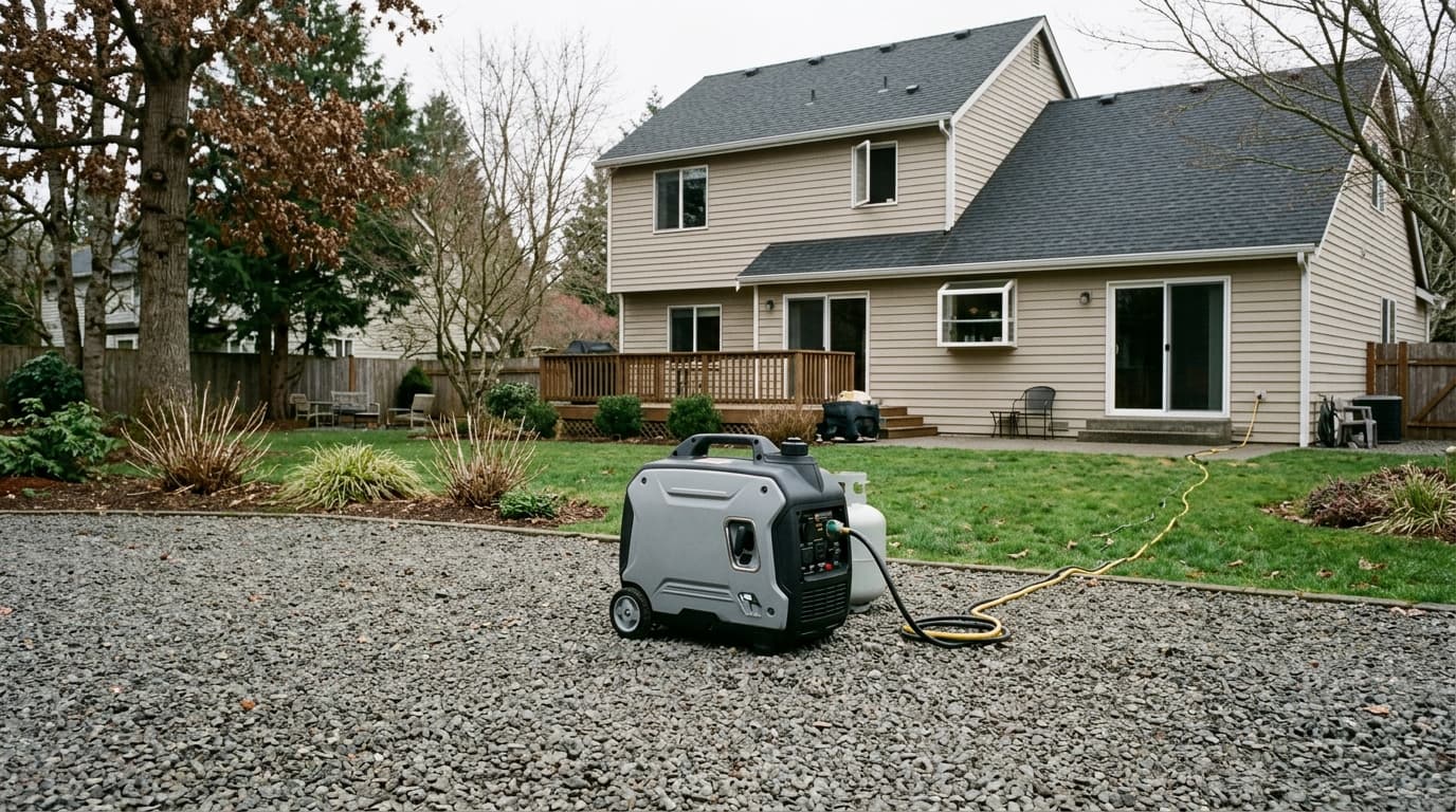 Portable dual-fuel inverter generator operating safely outdoors on a gravel driveway well over twenty feet away from home windows and doors