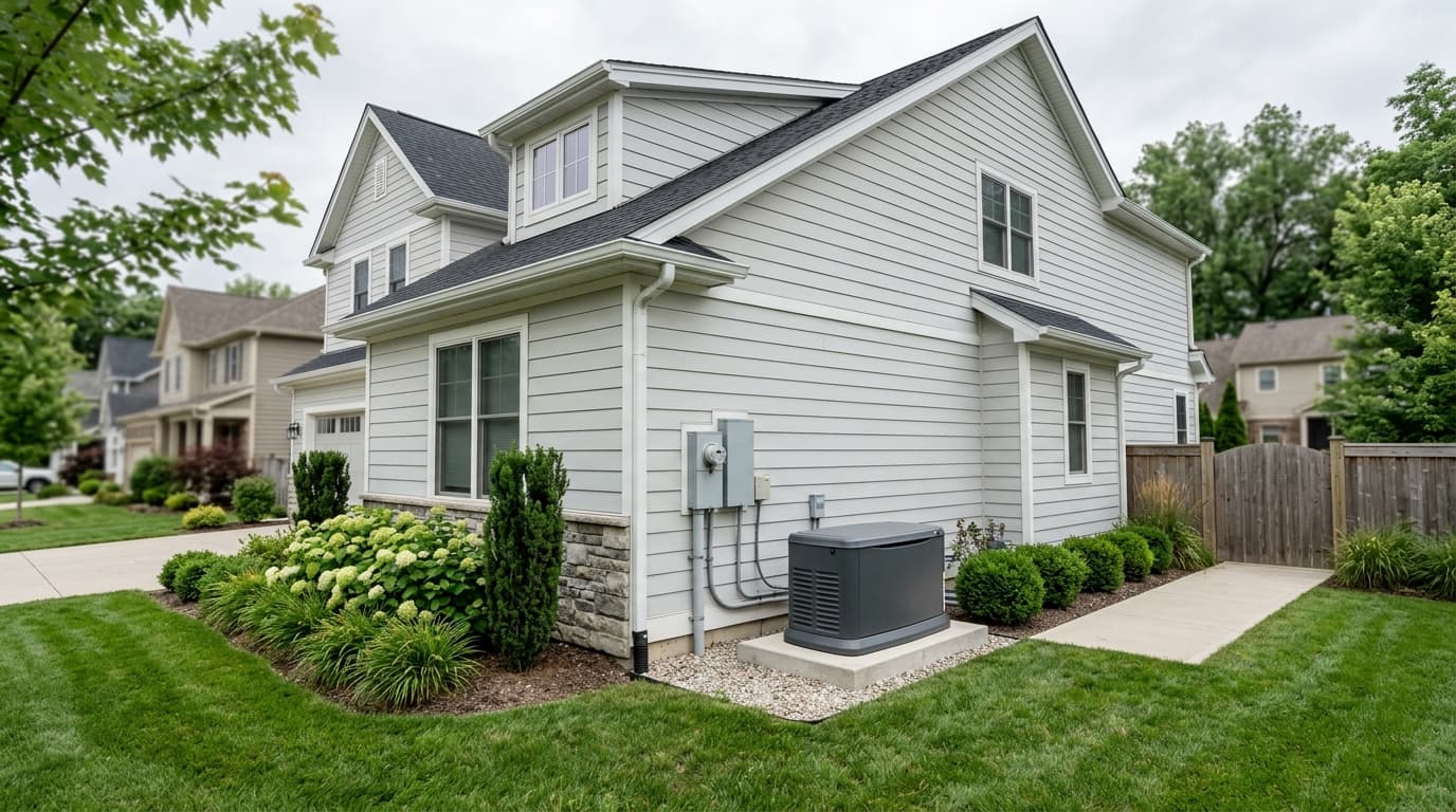 Suburban detached home exterior with an automatic whole-house standby generator installed on a concrete pad next to the electrical utility meter