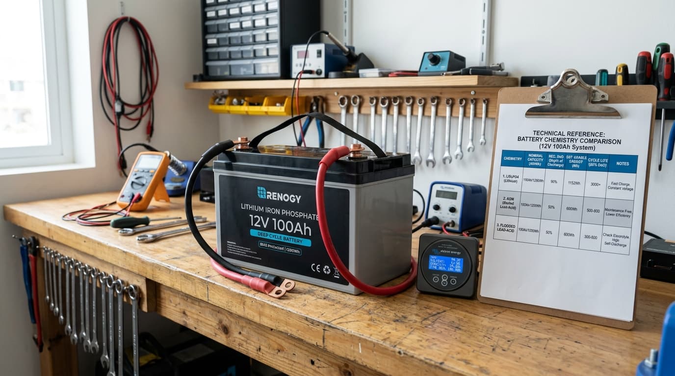 Educational diagram comparing nominal battery capacity in Watt-hours versus usable energy across LiFePO4 lithium at 85% depth of discharge and lead-acid AGM at 50% depth of discharge.